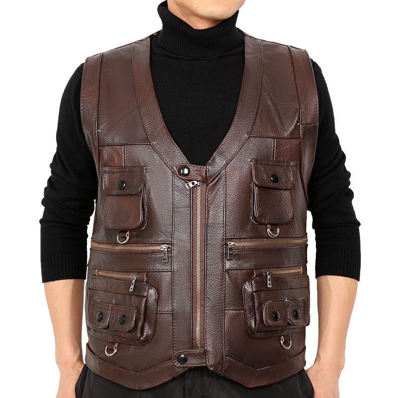 Chaleco de cuero genuino de pi - Leather Work Vest reseña y precio